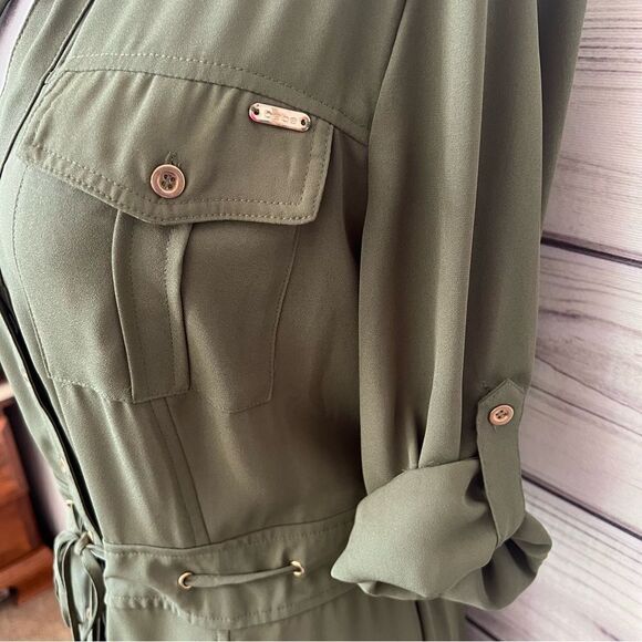 Bebe Army Green Button Down Tie Waist Shirt Dress - Picture 3 of 7